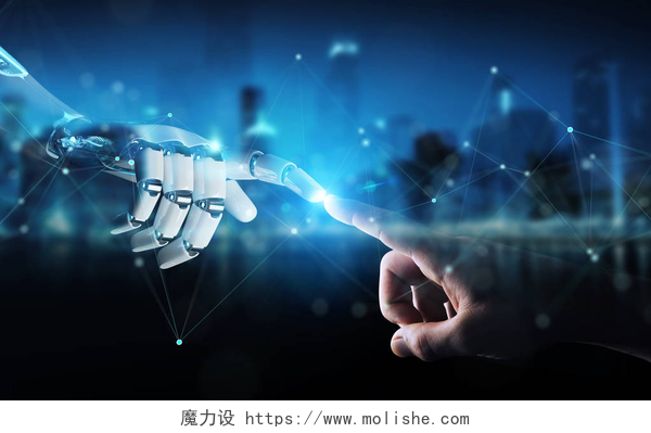 人工智能对机器人的研究机器人手与人的手接触在黑暗的背景3d 